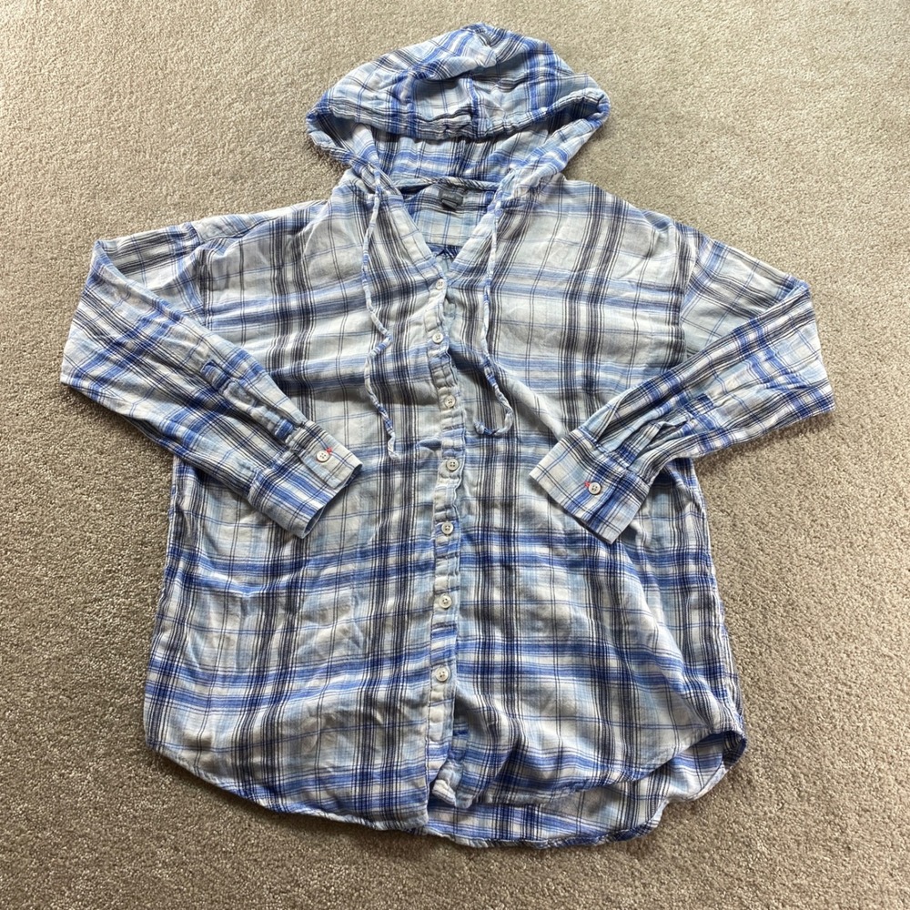 Aerie Plaid Hooded Shirt Womens‎ Small Blue White Long Sleeve Flannel Button Up